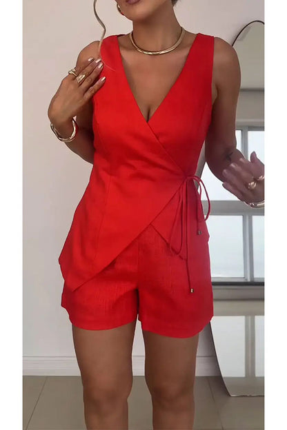 Solid Color Casual Sleeveless V-neck Top and Loose Shorts Set