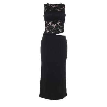 Autumn Elegant Sexy Vest Lace Hollow Out Cutout Slim Fit Dress Women