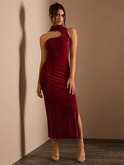 Women Dress Texture Velvet Fabric Turtleneck Chest Hollowed Asymmetric Sleeveless Dress