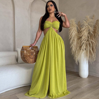 Source Sexy Chiffon Chest Wrapped Bare Back Wide Leg Jumpsuit Women Clothing