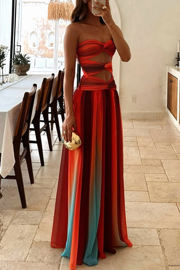 Ladies' Sunset Sexy strapless Fashion Tassel Printed Twisted Hollow Off Shoulder Vacation Long Dress