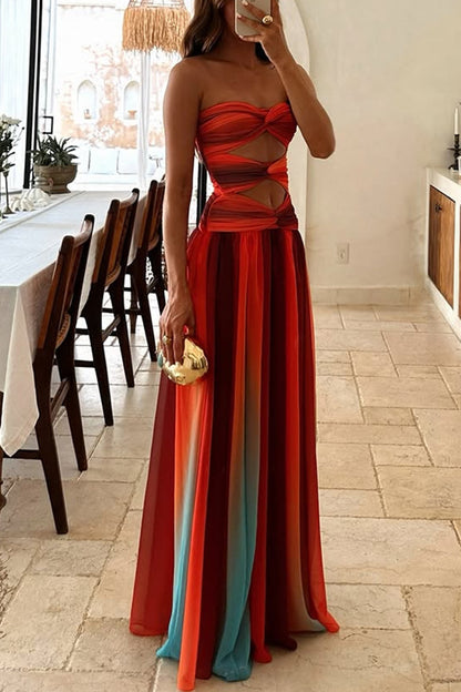 Ladies' Sunset Sexy strapless Fashion Tassel Printed Twisted Hollow Off Shoulder Vacation Long Dress