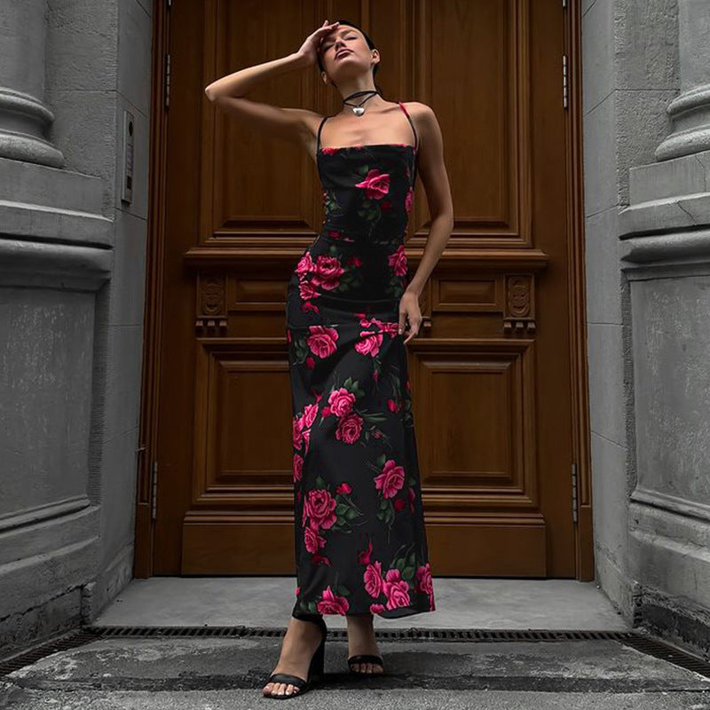 Women Clothing Spring Dignified Floral Printed Sexy Bare Back Tied Dress