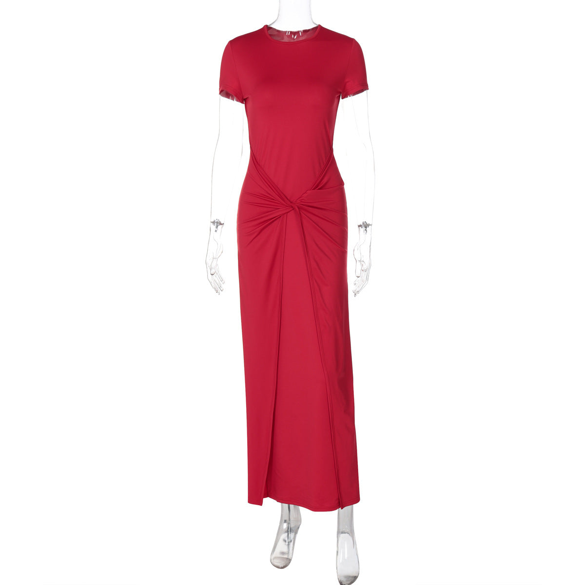 Women Clothing Summer Slim Pleated round Neck Short Sleeve Dress Women