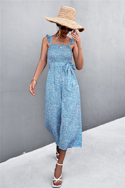 Spring Summer Flying Sleeves Belt Floral Smocking Jumpsuit