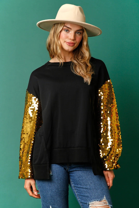Autumn Winter Christmas Sequined Sleeve Top Stitching Long Sleeve Trendy Sweatshirt Women
