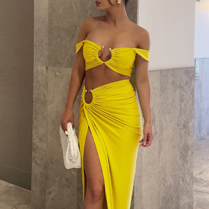 Women Clothing Spring Summer Sexy Sling Bandeau Slim Fit Fold Split Skirt Set