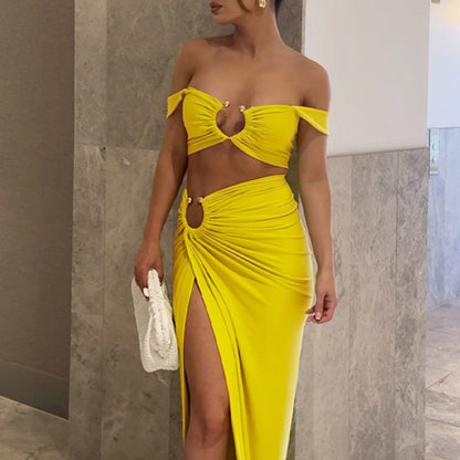 Women Clothing Spring Summer Sexy Sling Bandeau Slim Fit Fold Split Skirt Set