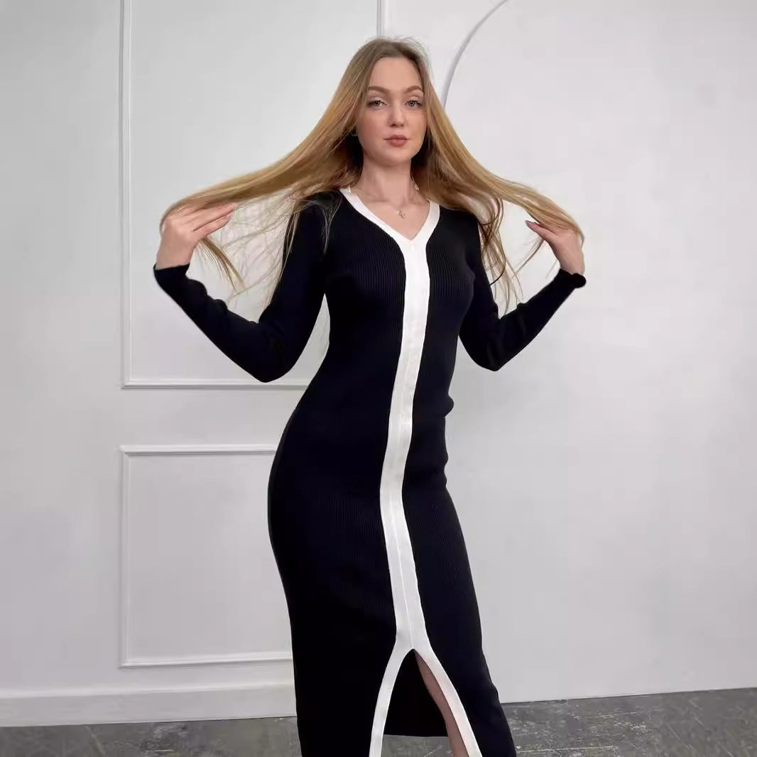 Long Sleeve V neck Stitching Contrast Color Knitted Dress Slim Slimming Autumn Winter Tight