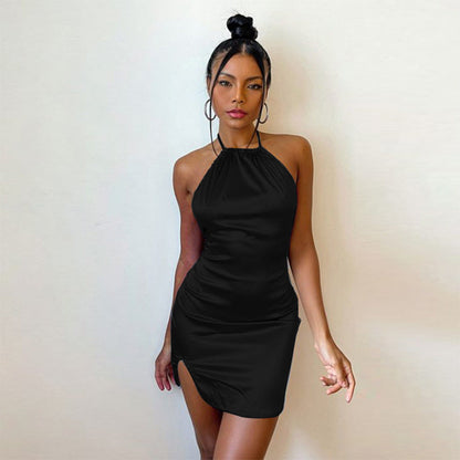 Spring Sexy Women Clothing Satin Solid Color Halter Slim Fit Sheath Sexy Dress Women