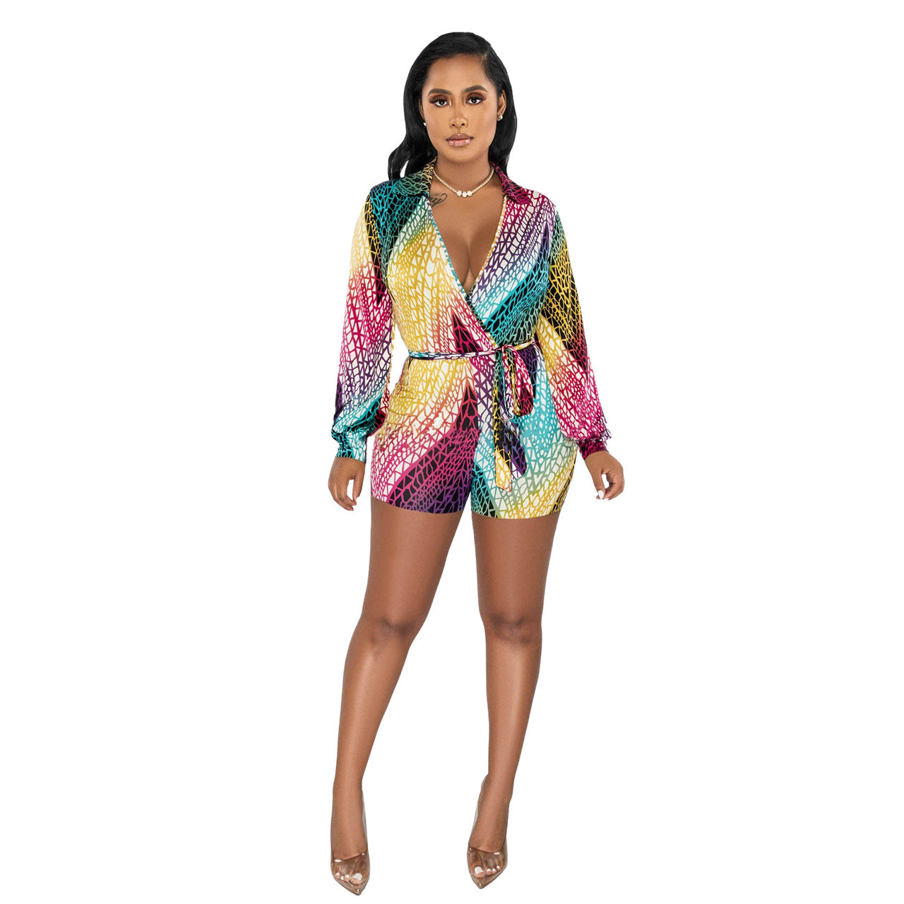Women Clothing Spring Summer Deep V Plunge neck Color Printed Sexy Lace up Jumpsuit