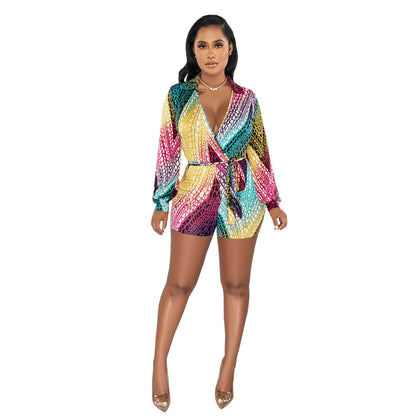 Women Clothing Spring Summer Deep V Plunge neck Color Printed Sexy Lace up Jumpsuit