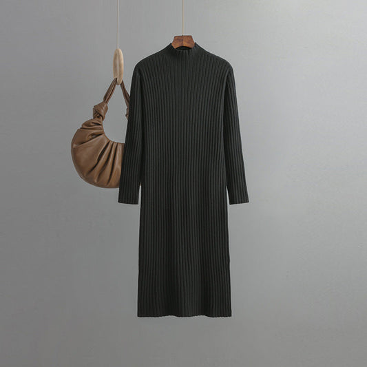 Women Knitted Bottoming Dress, Autumn Winter Half High Collar Mid Length Dinified Sweater Over the Knee