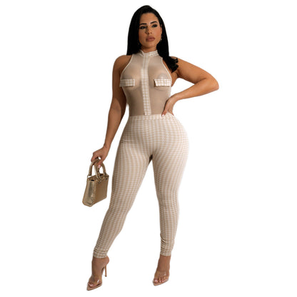 Women Clothing Summer Club Sleeveless Houndstooth Knitting Threads See-through Jumpsuit