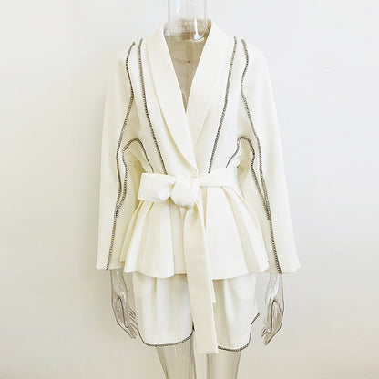 Socialite Batwing Sleeve Diamond Series Belt Suit Shorts Two Piece Set