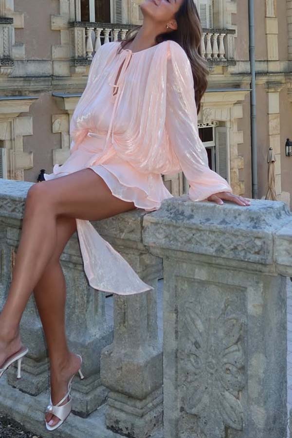Ninah Glitter Fabric Pleated Balloon Sleeve Tiered Ruffle Hem Mini Dress