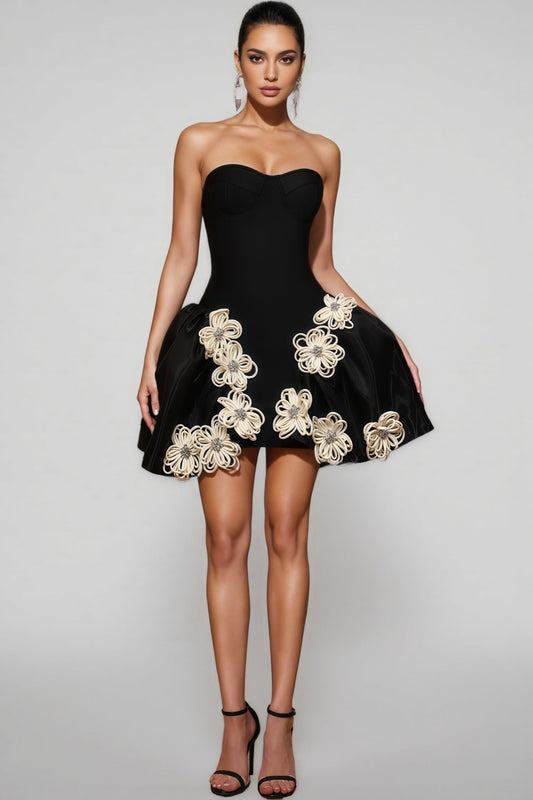 Merfd Black Strapless Puffy Mini Dress