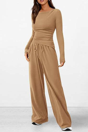 Autumn Casual Suit Asymmetric Long Sleeve T Shirt Wide Leg Pants Casual Wear Sportswear