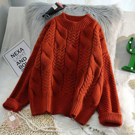 Jersey de punto trenzado marrón de cuello redondo para mujer | Ideal para otoño/invierno