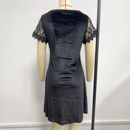 Winter Women Clothing Lace Short Sleeve Slim Fit Solid Color Slimming Dress