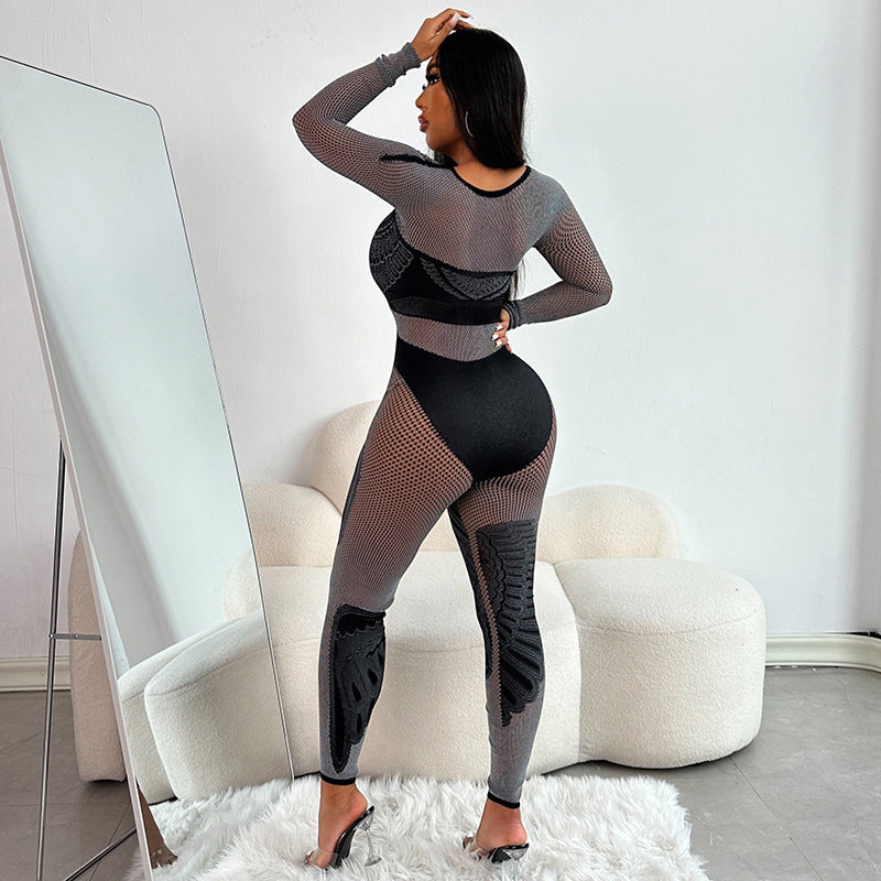 Women Clothing Solid Color Tight Rhinestone Slim Fit Long Sleeved Trousers Contrast Color One Piece Trousers