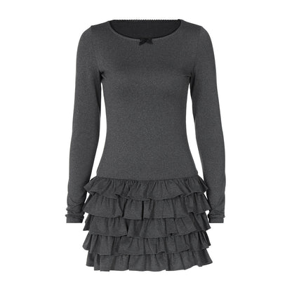 Winter Fashionable Pleated Stacking Lotus Leaf round Neck Slim Fit Sheath Dress Puffy dress