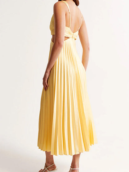 Summer Social Stain Pleated Cutout Waist Loose Midi Dress