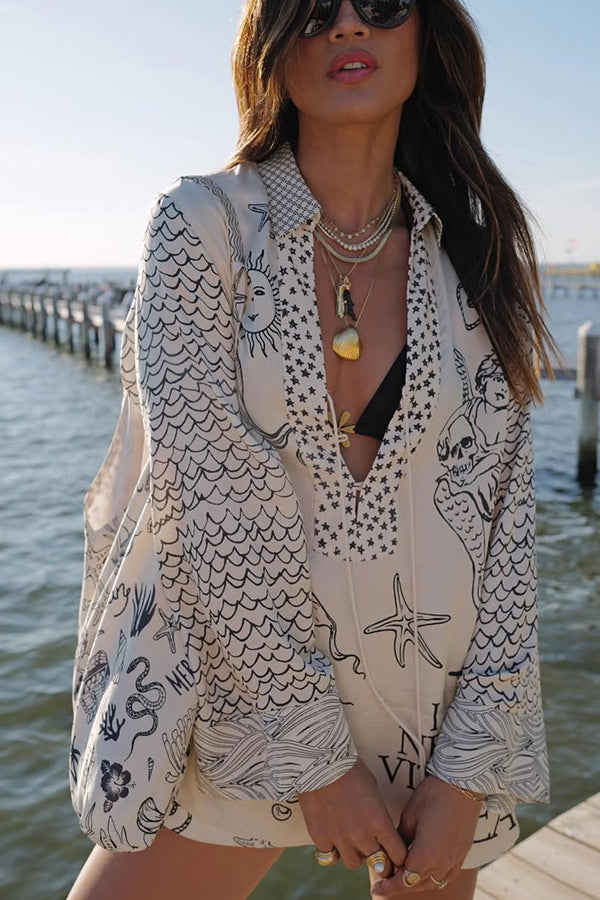 Ladies' Wealthy Satin Unique Printed Tassel Shirt and Elastic Waist Shorts Set