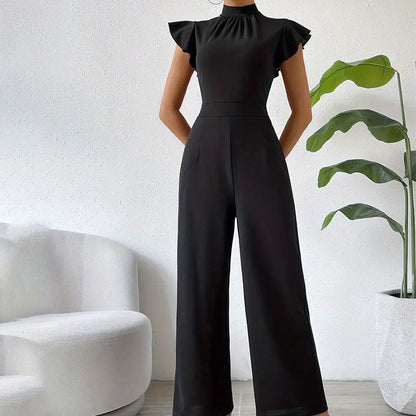 Stand Collar Ruffle Wide Leg Pants Draping Effect Trousers Women Sleeveless Jumpsuit Casual Pants Pants Women Summer