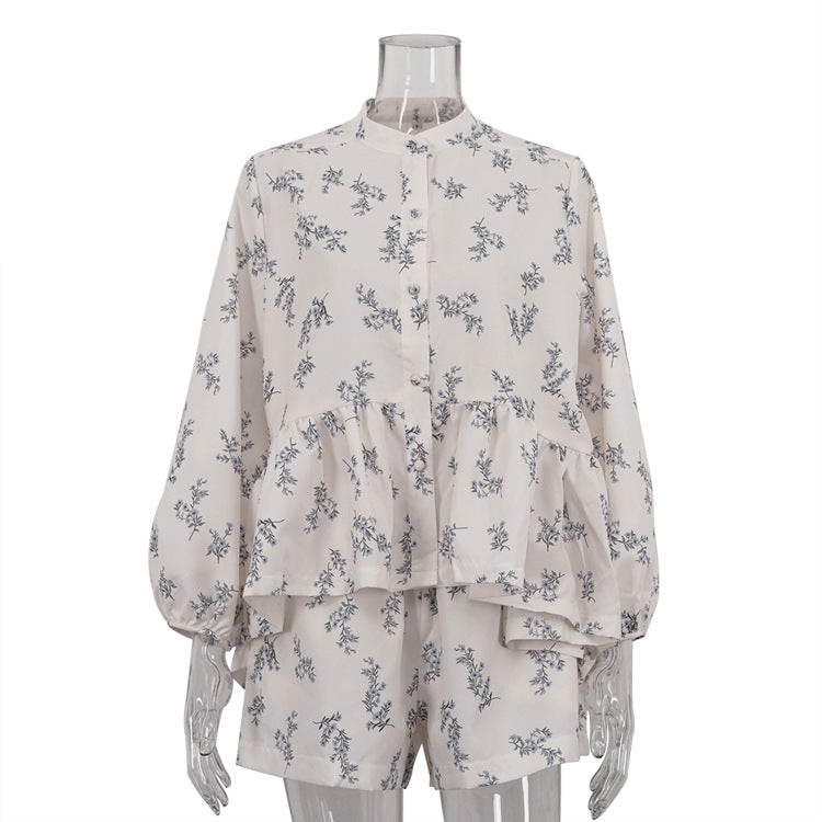 French Classic Skirt Puff Sleeve Small Turtleneck Ruffled Puffy Shirt Printed Shorts Suit