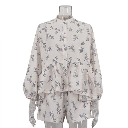 French Classic Skirt Puff Sleeve Small Turtleneck Ruffled Puffy Shirt Printed Shorts Suit