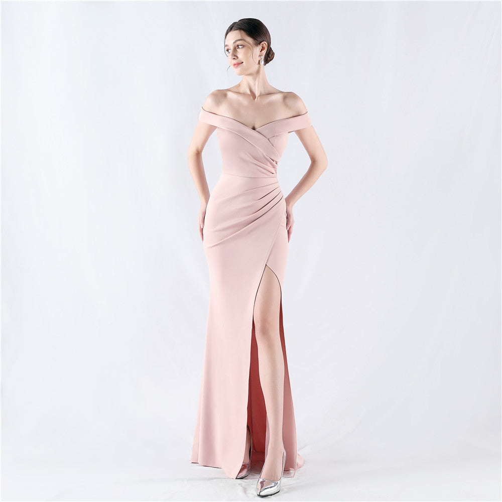 Classic off Shoulder High Fork Fishtail Satin Evening Dress
