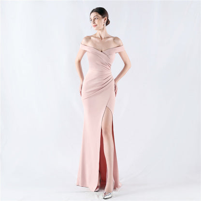 Classic off Shoulder High Fork Fishtail Satin Evening Dress