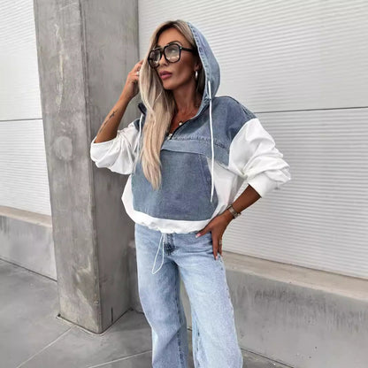 Fall Loose Casual Washing Water Denim Stitching Hooded Women Sweatshirt