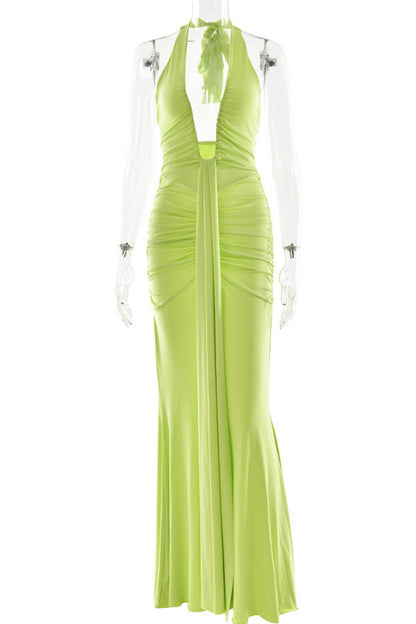 Solid Color Elegant Halterneck V-neck Open Back Tie Gathered Maxi Dress