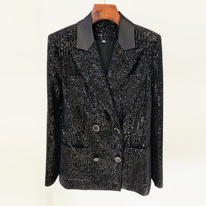 Goods Gold Velvet Sequined Double Breasted Blazer Slim Fit Skinny Pants Set