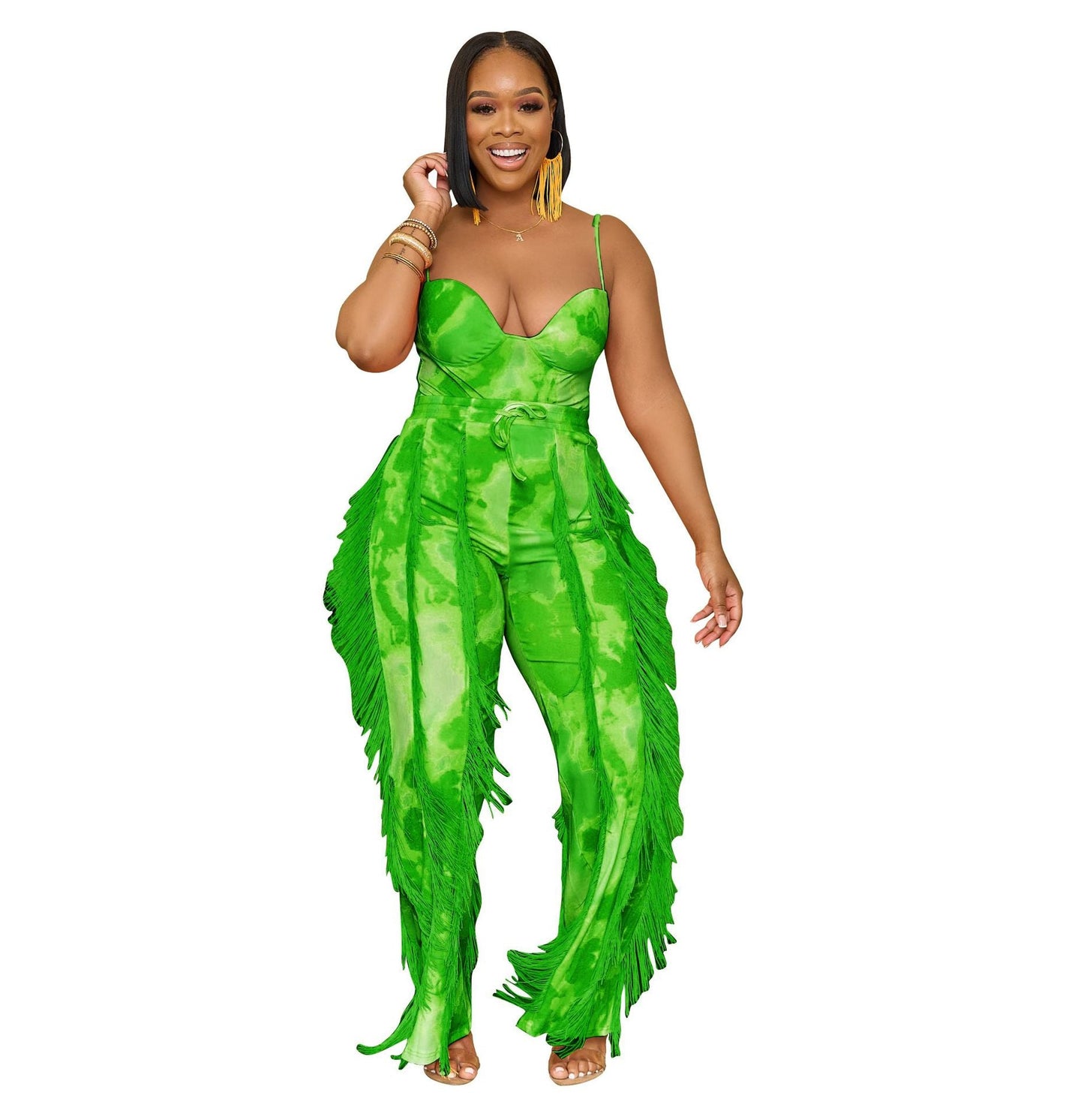Women Clothing Suit Printed Tassel Lace Sling Jumpsuit Two Piece Suit