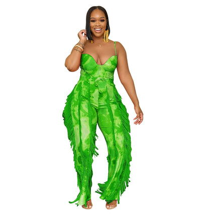 Women Clothing Suit Printed Tassel Lace Sling Jumpsuit Two Piece Suit