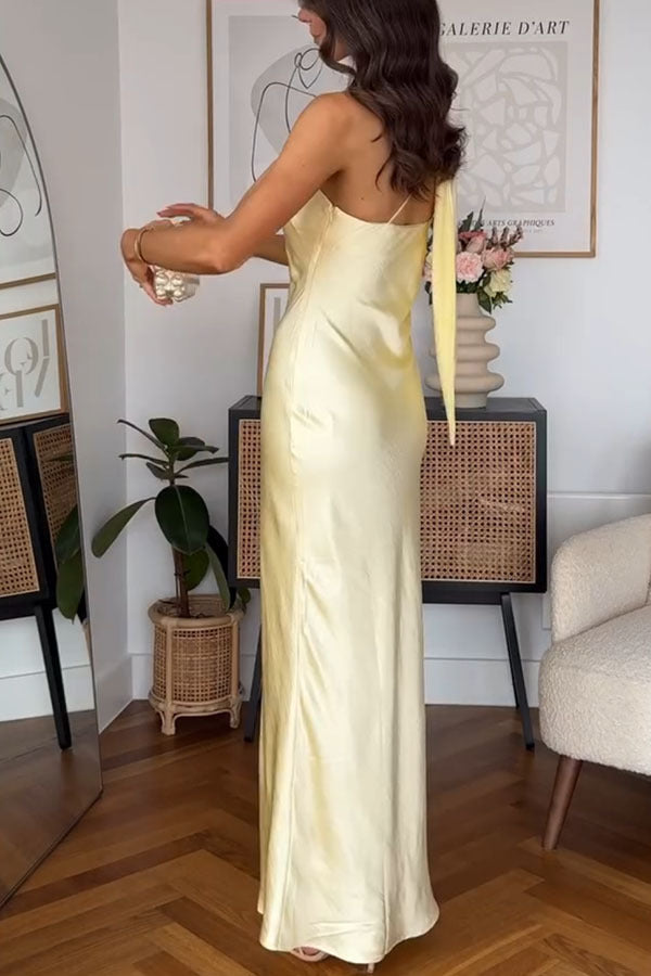 Milk white sexy party dress elegant satin one shoulder scarf long skirt