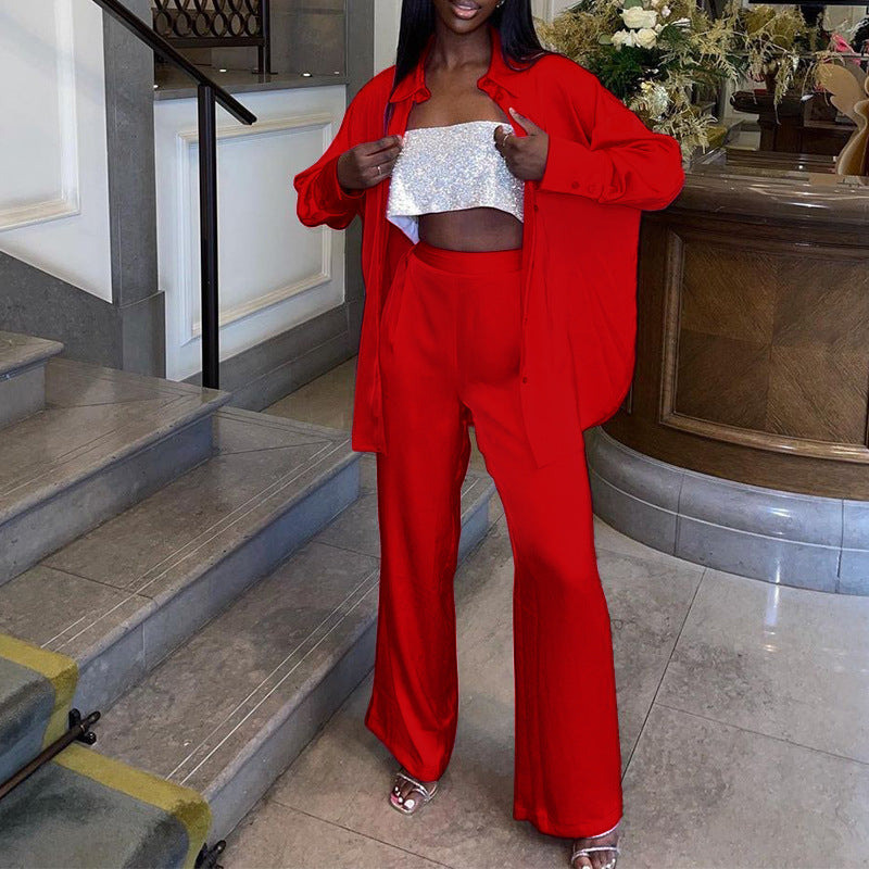 Spring Women Clothing Stylish Long Sleeves Collared Shirt Wide Leg Pants Suit