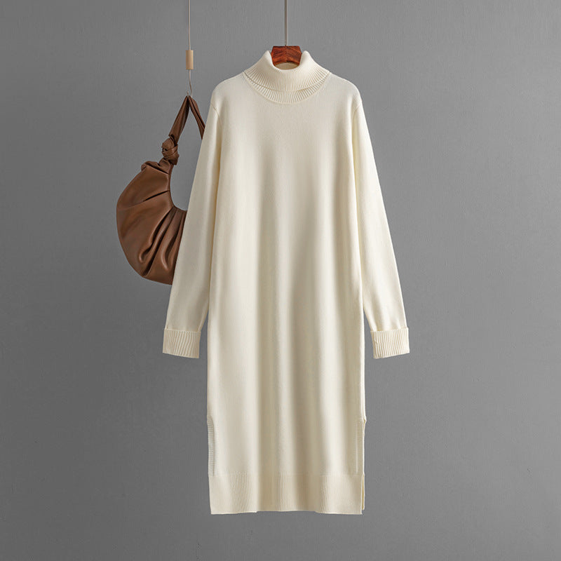 Women Clothing Autumn Winter Casual Solid Color Turtleneck Knitting Sweater Slit Bottoming Dress