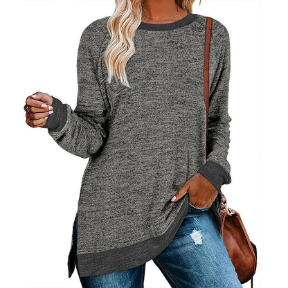 Women Clothing Long Sleeve round Neck Multicolor Split Top Loose Casual Pullover T shirt