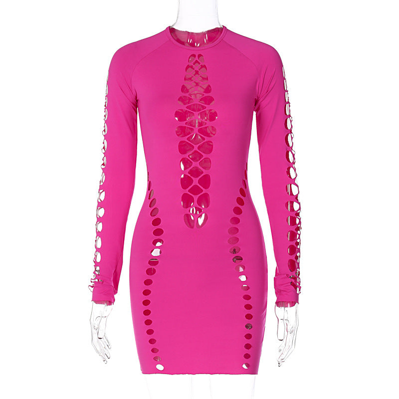 Women Solid Color Sexy Hollow Out Cutout Long Sleeved O neck Short Close Fitting Dress