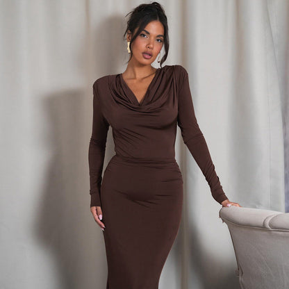 Winter Women Clothing Swing Collar Long Sleeve Pleated Slim Sheath Dress