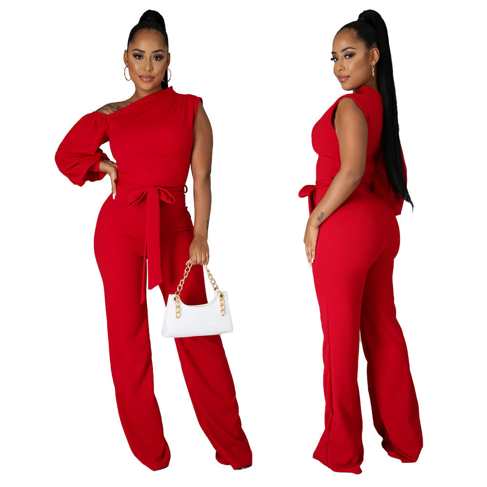 Women Wear Solid Color One-Shoulder Women Wide Leg Women Jumpsuit