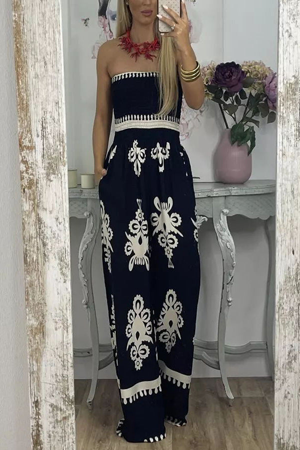 Street Hipster Wrapped Chest Printed Jumpsuit High Waist Casual Pants Women