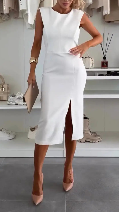 Charming Lady Solid Color Round Neck Sleeveless Waisted Slit Stretch Midi Dress