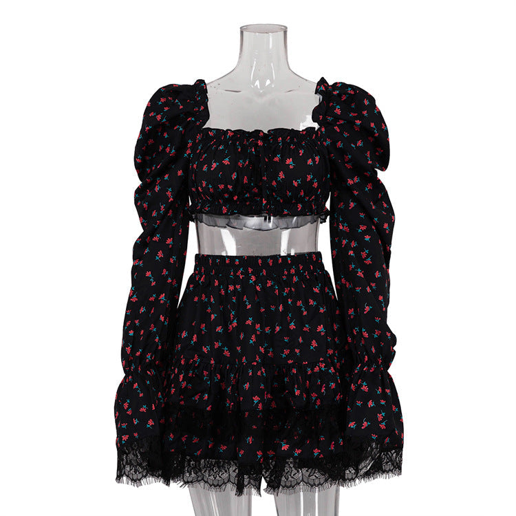 Women Clothing Lace Stitching Printing Bell Sleeve Tube Top Ruffled Two Piece Overskirt Sets