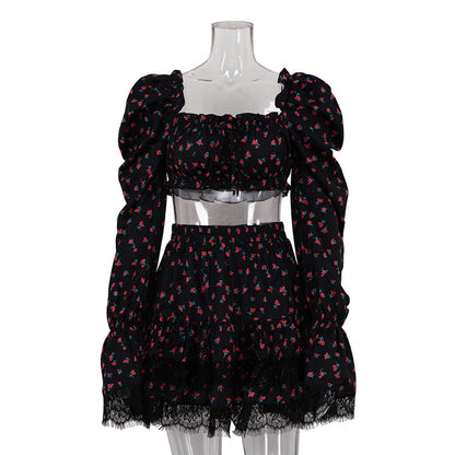 Women Clothing Lace Stitching Printing Bell Sleeve Tube Top Ruffled Two Piece Overskirt Sets