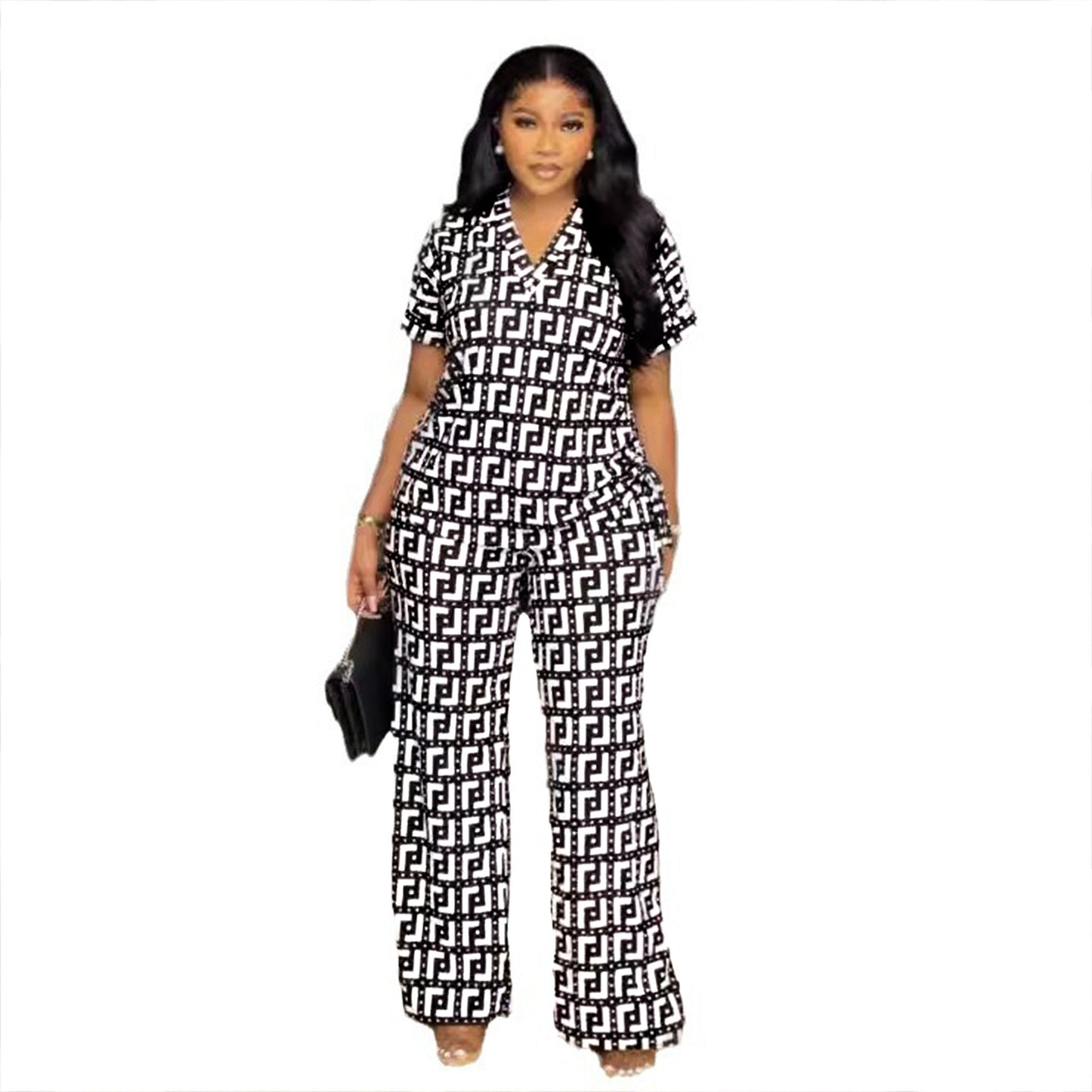 Women Printed V neck Pleating Wide Leg Pants Two Piece Set